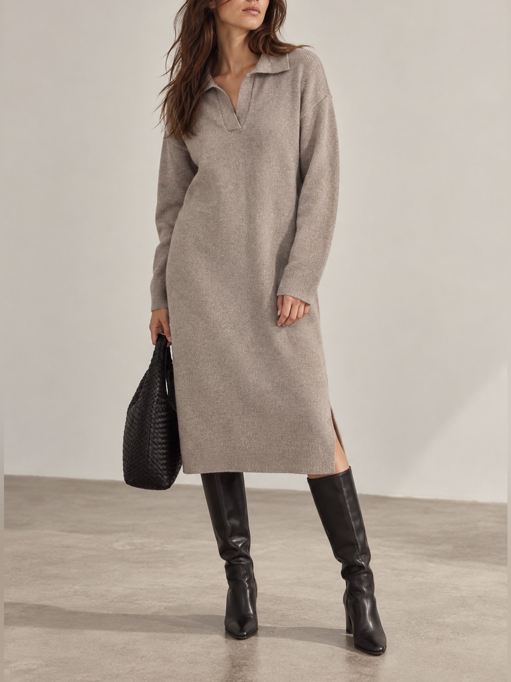 Lush Collared Knit Relaxed Fit Long Sleeve Midi Length Dusty Lilac Sweater Dress